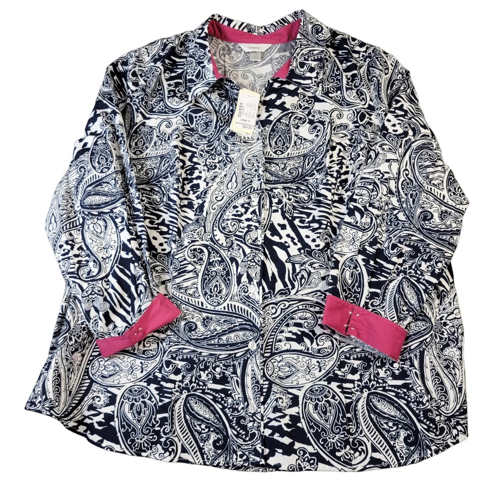 CJ Banks Button Down Women's Size 3X Long Sleeve Flip Cuff Paisley Blue New